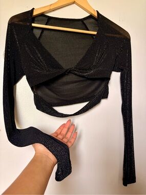 Black Sparkle Cropped Wrap-Front Long Sleeve Top